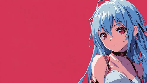 Blue haired anime girl gazes calmly over solid red field