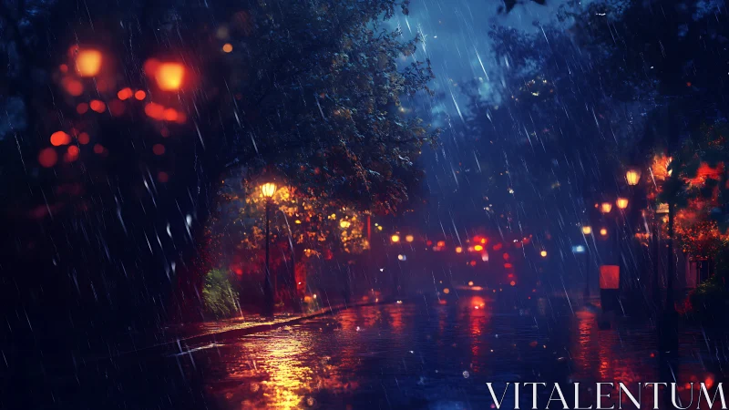 Nocturnal rainlit avenue with glowing city lamplights.