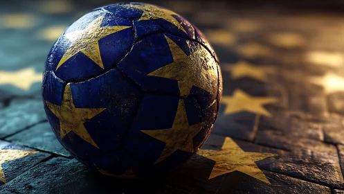 Star-scarred European football glows on twilight cobblestones