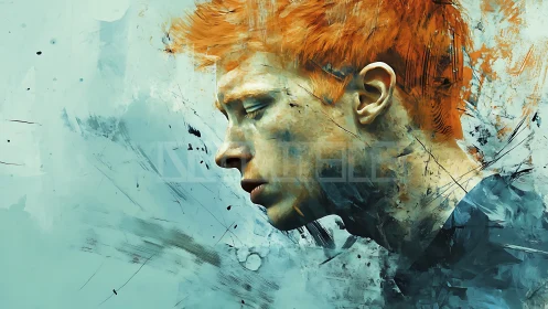 Ember‑haired dreamer dissolves into windswept teal silence.