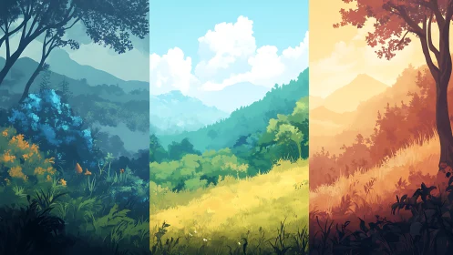 Triptych landscape illustrates seasonal and color variation