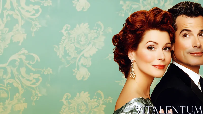 Retro-chic couple pose against mint baroque daydream wall.