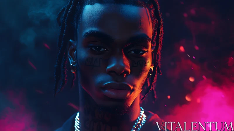 Portrait of young man in colored neon studio lighting.