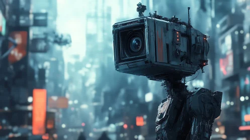Sensor-head surveillance robot scans dense neon urban skyline