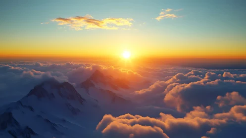 Sunrise illuminates high mountain peaks above dense clouds