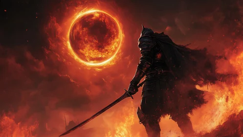 Lone armored warrior stands beneath a burning crimson sun.