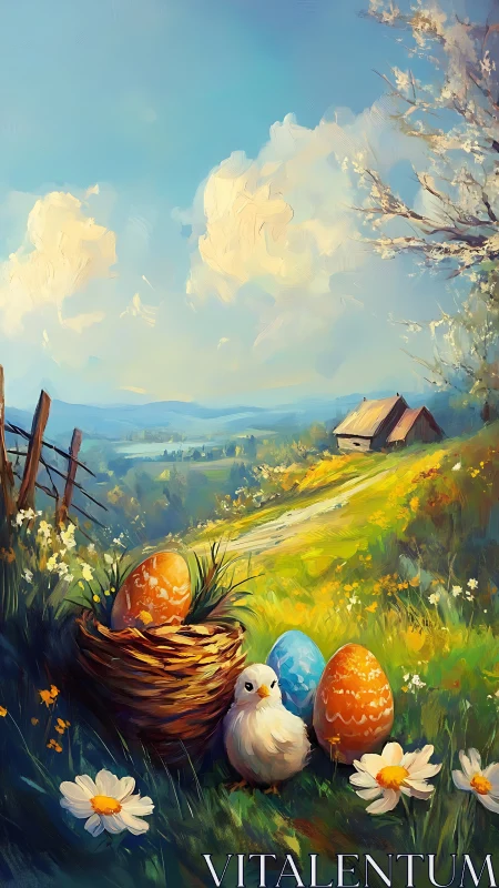 Pastoral spring meadow with chick, nest and painted eggs