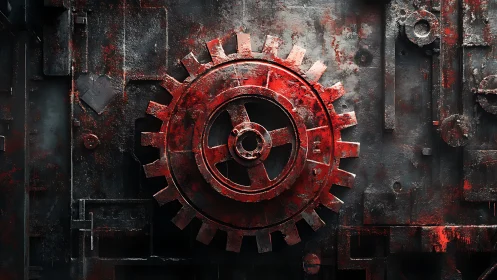 Red industrial gear wheel dominates distressed metal wall