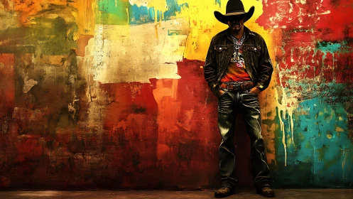 Cool urban cowboy leaning against vivid painted wall.