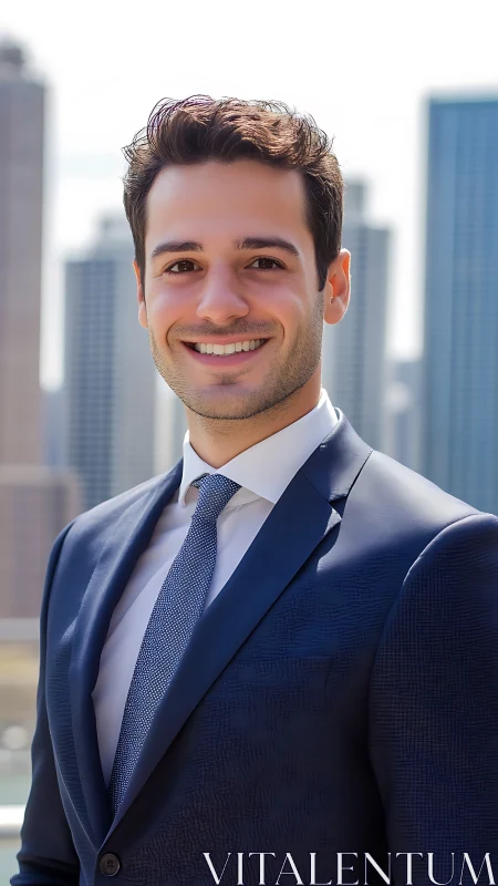 Confident young professional smiling above city skyline.