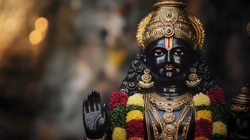 Photorealistic Hindu deity sculpture with ornate gilded adornment.