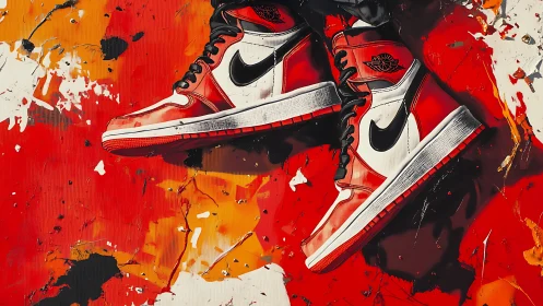 Scarlet sneakers slam dunk across molten paint-splashed space