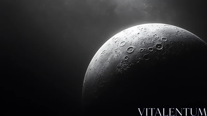 Lunar terminator close-up in monochrome photorealistic rendering.