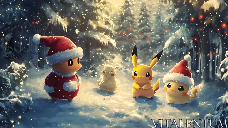 Festive electric creatures in snowy pine forest at dusk.