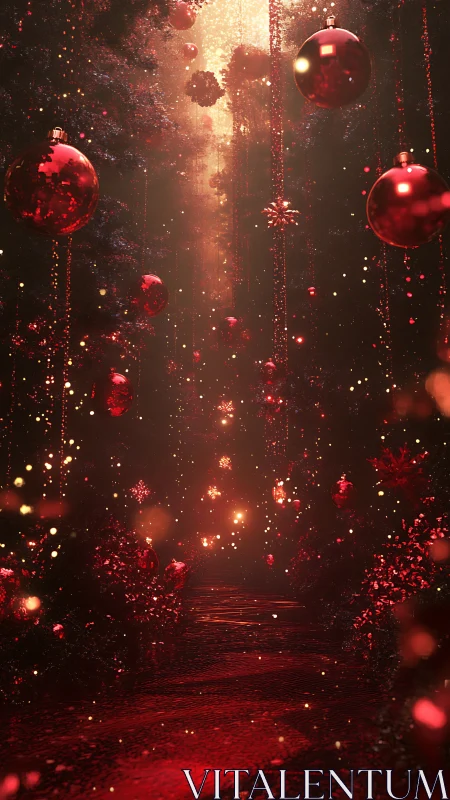 Shimmering red holiday forest glows with warm floating lights