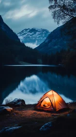 Glowing lakeside tent under twilight mountain peaks.