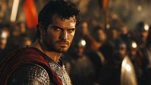 Cinematic portrait of armored commander in battle formation.