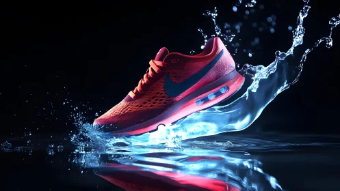 Vibrant Red Running Shoe in Dynamic Splash with Dark Background.