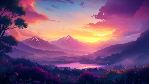 Vibrant digital sunset over mountains and reflective lake.