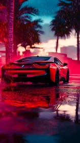 Red sports car on wet street with neon reflections at dusk.