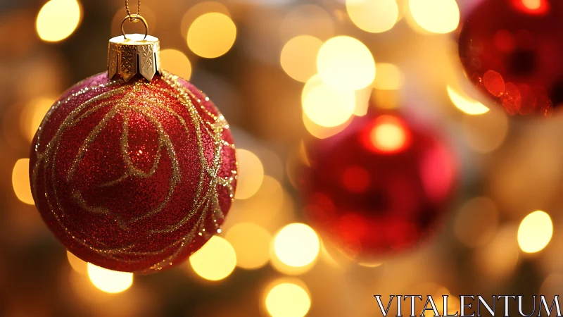 Red ornament closeup against defocused warm light bokeh.