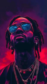 Neon-lit portrait renders stylized rapper under magenta-blue rim light