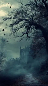 Gothic church rises through twilight mist and twisted trees.