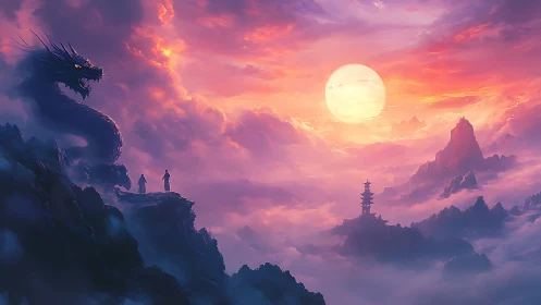 Dragon guardian at sunset above mystic cloud temples.