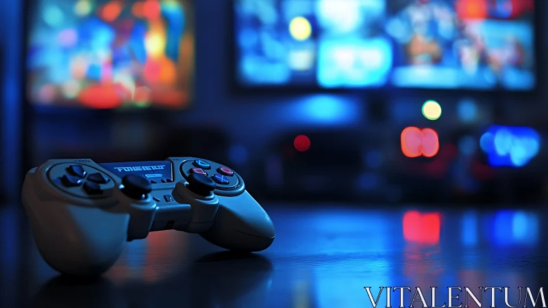 Game controller rests on reflective desk before neon screens