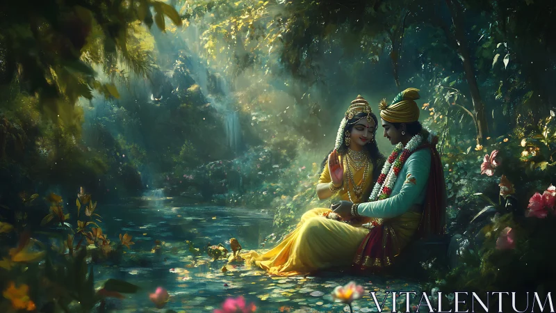 Divine couple rests beside luminous forest waterfall pool