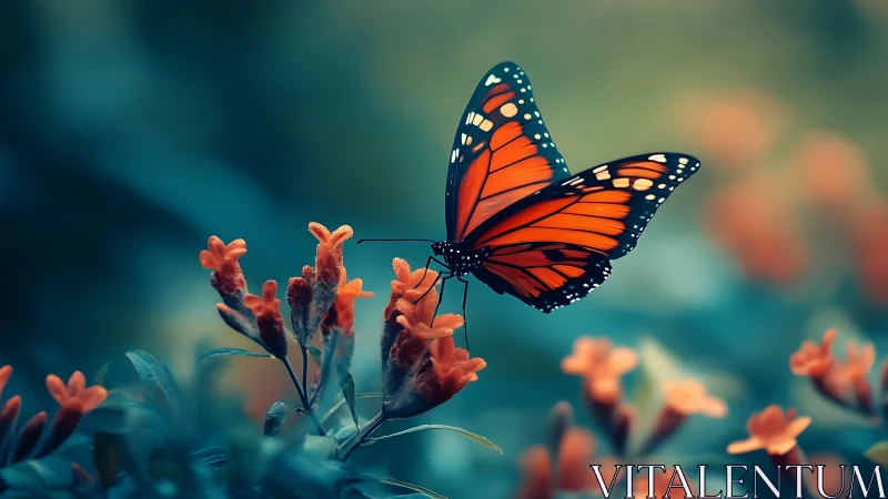 Monarch butterfly on orange flowers in shallow depth field.