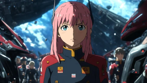 Pink-haired mecha cadet in detailed sci-fi hangar formation