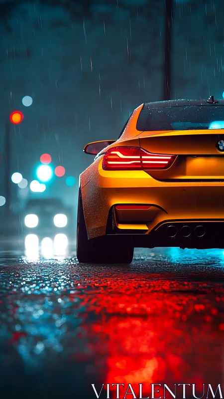 Sport coupe rear profile in neon-lit urban rain scene.