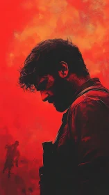 Solitary soldier silhouette amid intense crimson haze.