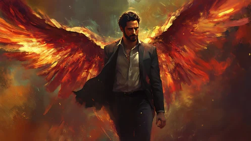 Winged businessman strides through infernal chromatic firestorm