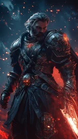 Armored warrior stands in glowing embers holding flaming sword