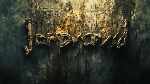 Jeopardized word carved into corroded metal wall surface.