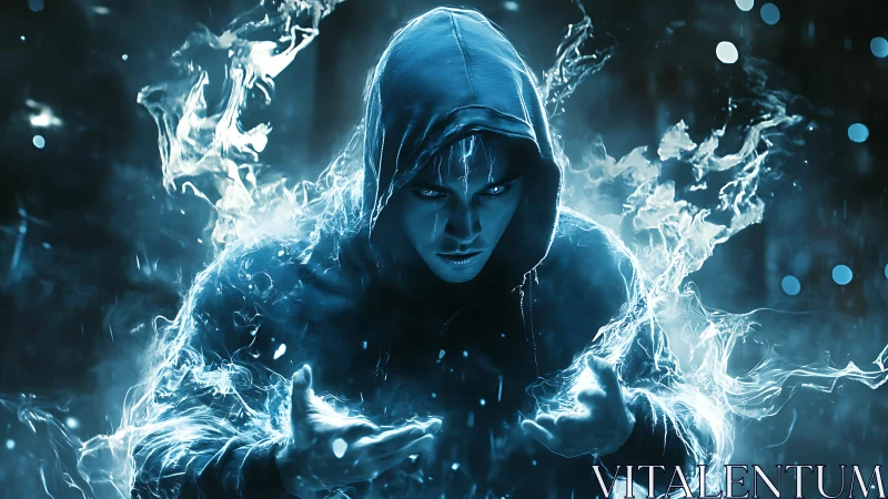 Hooded elemental mage channeling blue lightning energy aura.