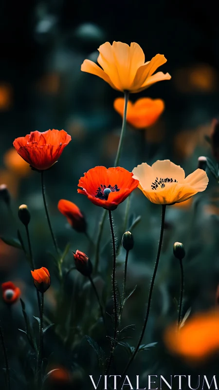 Vibrant Poppies Against Dark Garden Blur.