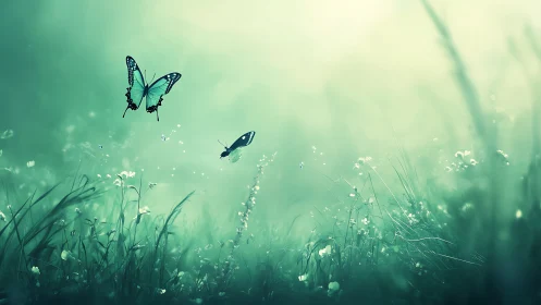 Delicate Butterflies in Dreamy Meadow Landscape, Soft Focus Style.