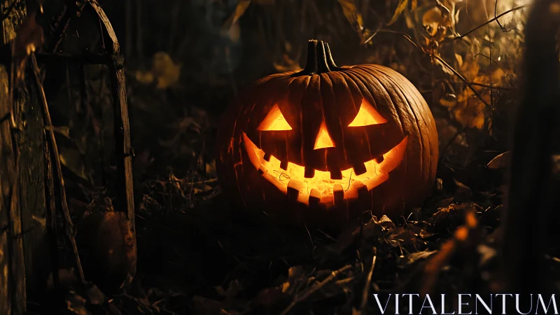 Illuminated carved pumpkin in dark outdoor foliage at night.