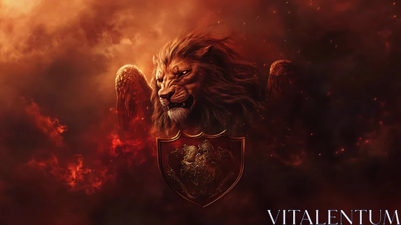 Winged lion crest in fiery atmospheric digital composition