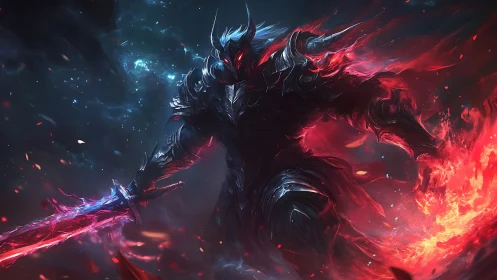 Dark armored demon knight wields flaming voidblade in chaos.