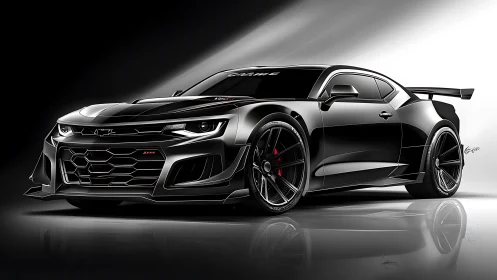 Black muscle car rendering emphasizes aggressive aerodynamic form