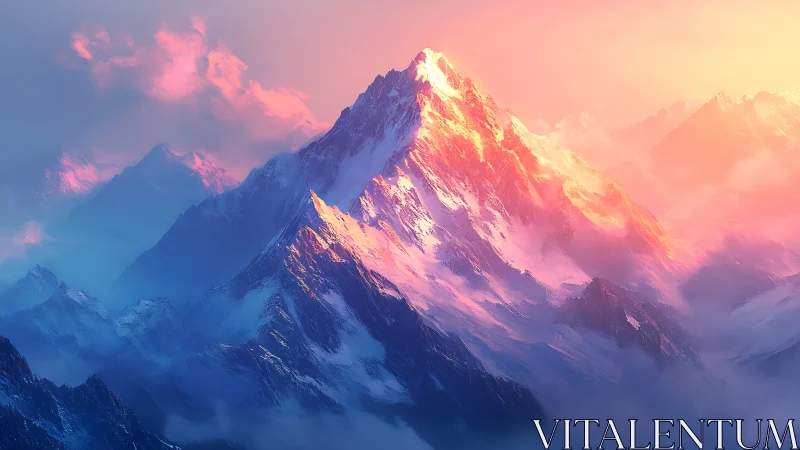 Snowy mountain peak under vivid pink and orange sky.