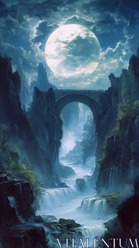 Luminous full moon crowns arched bridge above cascading ravine