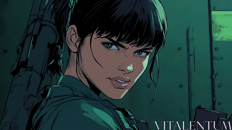 Steely eyed operative in teal-lit tactical corridor illustration.