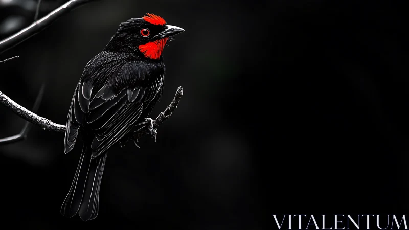 Striking Black Bird with Red Head Feathers on Dark Background.