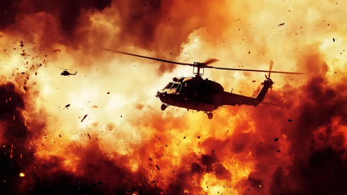 Military helicopters in dense fireball explosion scene.