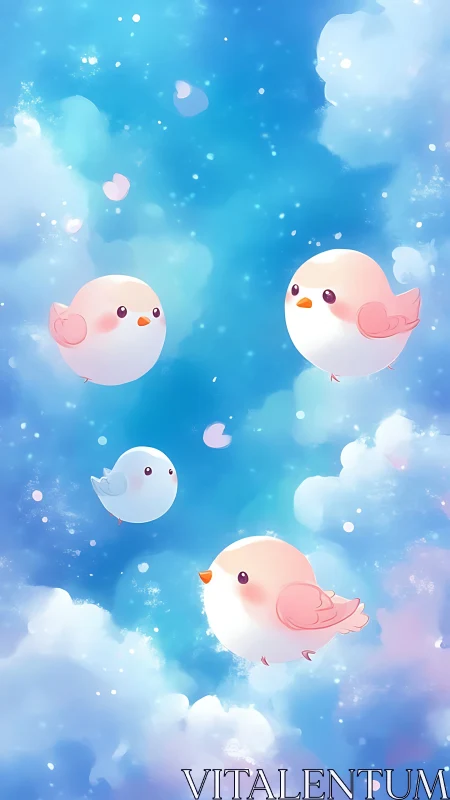 Celestial Bird Composition: Four Pink and White Avians Suspended in Ethereal Cloudscape